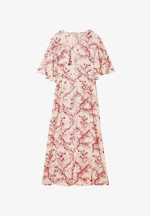 Langes cremefarbenes Kleid mit rotem floralem Rankenmuster, V-Ausschnitt, durchgeknöpftem Vorderteil und kurzen Flatterärmeln.