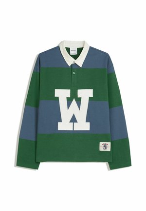 Long-sleeve polo shirt featuring horizontal stripes in green and blue, white collar, and large white "W" logo on the front with a tag detail.