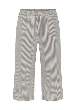 Pantalon court rayé vertical gris et blanc avec taille élastique et coupe ample.