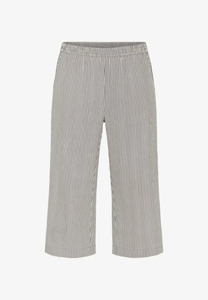 Pantaloni scurți cu dungi verticale gri și albe, cu talie elastică și croială lejeră.