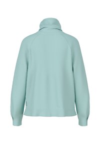 Light blue long-sleeve pullover with a high collar, made from a smooth, soft fabric. Features raglan sleeves and a straight hemline.