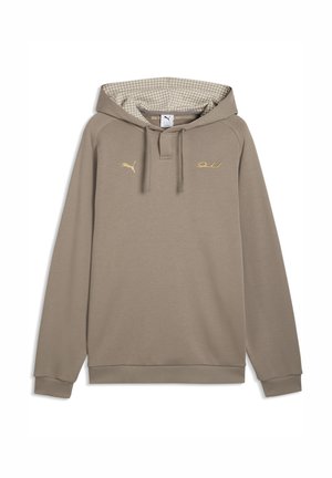 Beige langærmet hættetrøje med snører, ternet inderfor af hætten, guld Puma-logo på venstre bryst og lille guldemblem på højre bryst.