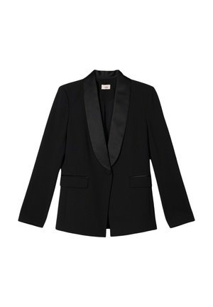 Blazer noir avec un col châle en satin, manches longues et deux poches avant. Tissu texturé avec une coupe ajustée et un design ouvert à l'avant.