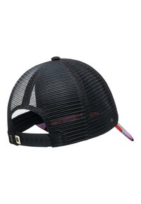 Black mesh trucker cap with a curved bill, adjustable snapback closure, and color accents on the brim. Textured material and open design.