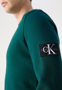 Zielony sweter o fakturowanej powierzchni z okrągłym dekoltem i prążkowanym splotem. Na rękawie ma czarną naszywkę z logo "Calvin Klein Jeans".