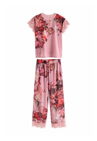 Súprava domáceho oblečenia s kvetinovým vzorom, ktorá obsahuje tričko s krátkym rukávom a nohavice s širokými nohami. Vyrobená z mäkkej ružovej tkaniny s čipkovými dekorami.