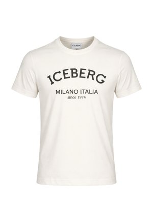 T-shirt bianca a maniche corte con la scritta nera "ICEBERG," "MILANO ITALIA" e "since 1974" stampata al centro davanti.