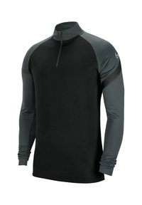 Pull noir avec un col zippé à moitié, manches longues en matériau gris, présente un design raglan et des poignets élastiques pour une coupe ajustée.