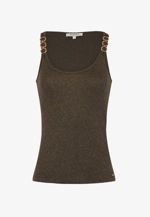 Bruine mouwloze top met een aansluitend ontwerp, voorzien van glanzende gouden deeltjes en ronde gouden hardware op de schouderbanden.
