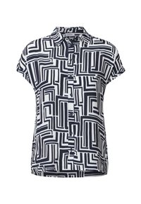Camicia abbottonata bianca e blu navy con un motivo geometrico, maniche corte e colletto; realizzata in tessuto leggero.