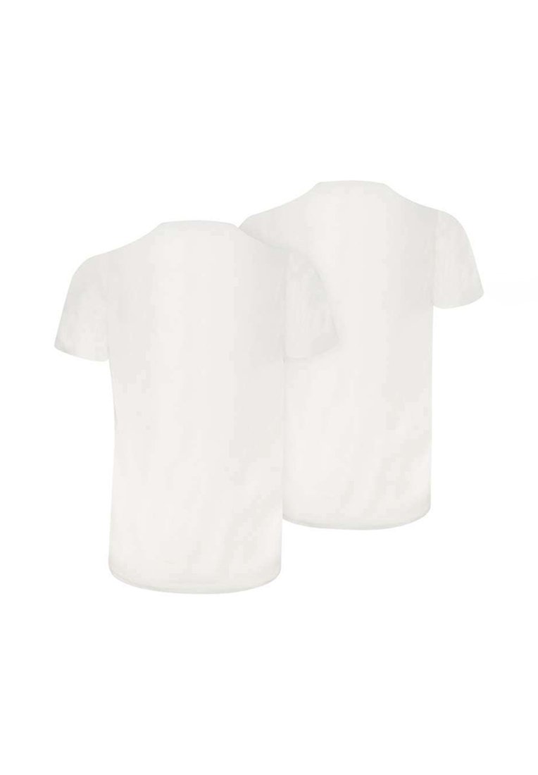 Deux t-shirts à manches courtes blancs unis avec col rond, montrés de dos, légèrement superposés sur un fond blanc.