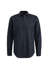 Chemise à manches longues en coton bleu marine foncé avec un motif abstrait clair. Comprend un col boutonné et une patte de boutonnage à l'avant avec des boutons noirs.