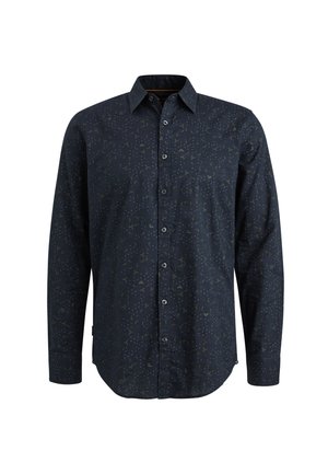 Long-sleeve shirt in dark navy cotton with abstract light pattern. Features a button-down collar and front placket with black buttons.