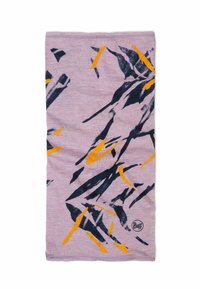 Light purple neck gaiter featuring an abstract pattern of black and orange brush strokes. Fabric is smooth with a slight stretch; branded with a logo.