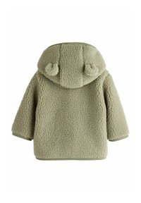 Fleece jacket, light green, with a textured, fluffy surface. Features a hood with puff ear details and ribbed cuffs.