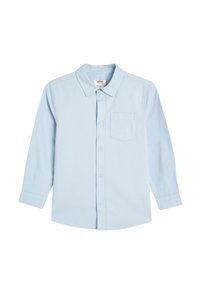Camicia azzurra a maniche lunghe con bottoni, realizzata in cotone, con colletto a punta e una tasca sul petto. Design semplice, senza motivi.