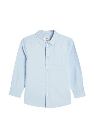 Camisa de botones de manga larga de color azul claro, hecha de algodón, con cuello puntiagudo y un bolsillo en el pecho. Diseño simple, sin estampados.