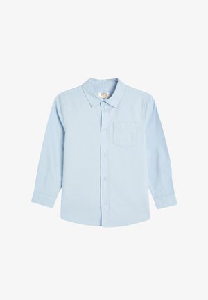 Camisa de botones de manga larga de color azul claro, hecha de algodón, con cuello puntiagudo y un bolsillo en el pecho. Diseño simple, sin estampados.
