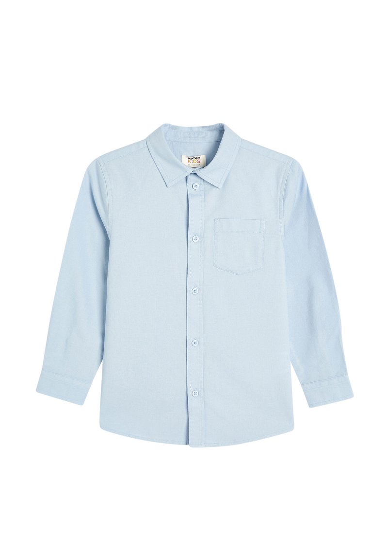 Camicia azzurra a maniche lunghe con bottoni, realizzata in cotone, con colletto a punta e una tasca sul petto. Design semplice, senza motivi.