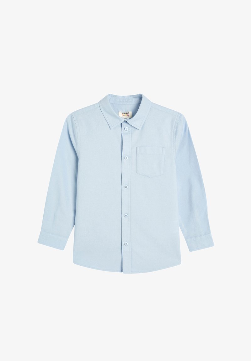 Camicia azzurra a maniche lunghe con bottoni, realizzata in cotone, con colletto a punta e una tasca sul petto. Design semplice, senza motivi.