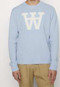 Pull en laine bleu clair avec un col rond, des poignets et un ourlet côtelés, arborant un grand logo blanc "W" au centre. Texture lisse.