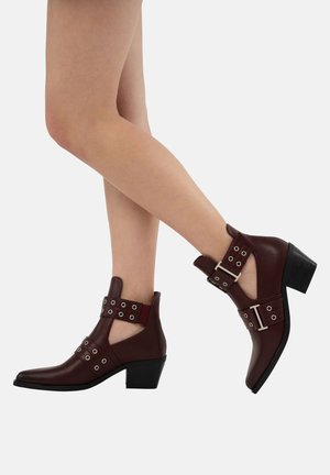 Stivali ankle in pelle marrone con punta affusolata, caratterizzati da fianchi traforati, cinturini con fibbia e tacco a blocco basso. Accenti in metallo argentato.