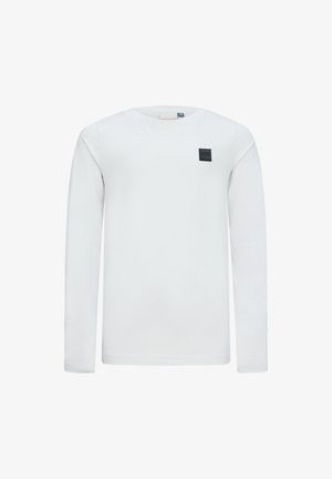 Weißes Langarm-T-Shirt aus Baumwolle mit Rundhalsausschnitt und einem kleinen quadratischen schwarzen Etikett im linken Brustbereich.