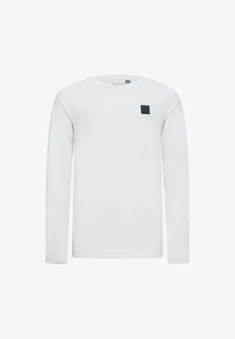 Biała longsleeve koszulka z długim rękawem wykonana z bawełny, z okrągłym dekoltem i małą czarną etykietą w kształcie kwadratu na lewej piersi.
