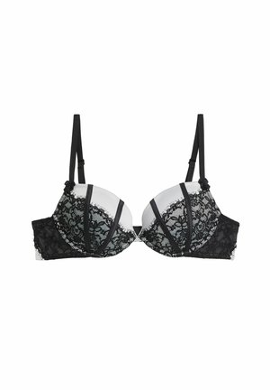 Musta pitsinen rintaliivit, joissa on pehmustetut kupit, säädettävät olkaimet ja koristeelliset mustat yksityiskohdat. Sisältää kukkakuvioista pitsiä ja sileitä kangaspaneeleja.