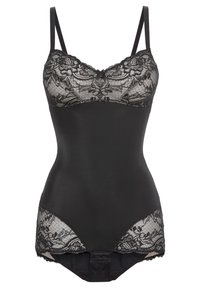 Bodysuit noir avec un empiècement en dentelle sur la poitrine, des bretelles réglables, un tissu lisse et des accents en dentelle sur les côtés.