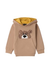 Sweatshirt capuche beige avec une appliqué de visage d'ours, poche kangourou à l'avant et doublure jaune. Fabriqué en matériau doux avec des poignets côtelés.