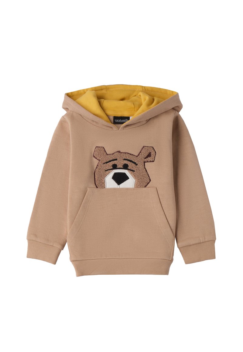 Sweatshirt capuche beige avec une appliqué de visage d'ours, poche kangourou à l'avant et doublure jaune. Fabriqué en matériau doux avec des poignets côtelés.