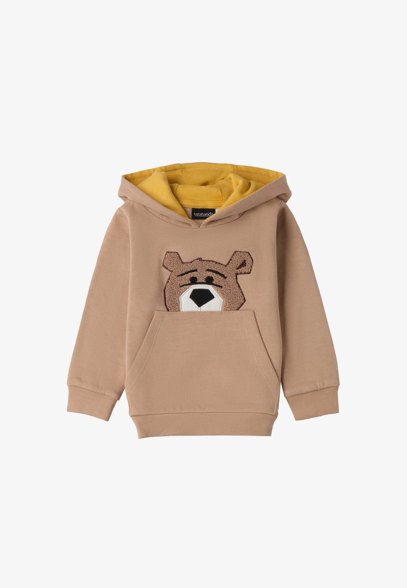 Sweatshirt capuche beige avec une appliqué de visage d'ours, poche kangourou à l'avant et doublure jaune. Fabriqué en matériau doux avec des poignets côtelés.