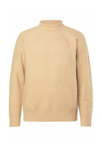 Beiger Strickpullover mit hohem Kragen, Raglanärmeln, strukturierter Stoff und gerippten Bündchen sowie Saum, der eine entspannte Passform bietet.