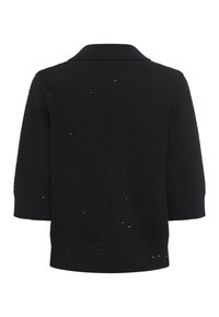 Pull court noir texturé en maille avec un large col et un ourlet côtelés, vu de dos.