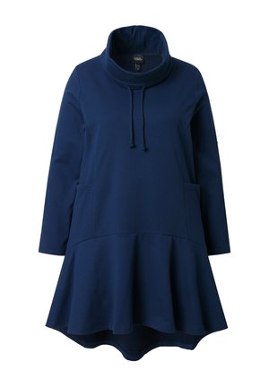 Navy blue sweatshirt dress with a cowl neck, long sleeves, and a flared hem. Features two side pockets and drawstring detailing.