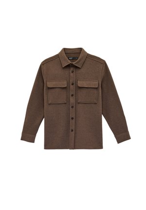 Giacca di lana marrone con bottone frontale, maniche lunghe, due tasche anteriori con patta e colletto classico.