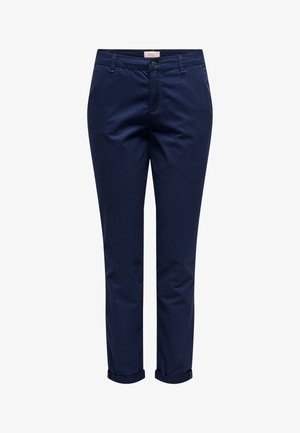 Navy blue trousers made from cotton blend fabric. Features a straight fit, five pockets, top button closure, and rolled cuffs.