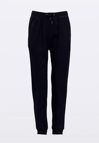 Pantaloni jogger negri dintr-un material moale, cu talie elastică prevăzută cu șnur, croială conică a piciorului și manșete striate la glezne.