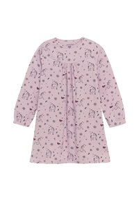Langærmet kjole i lys pink, med et mønster af en enhjørning og blomster. Fast rund hals og samling nederst under bærestykket. Blødt stof.