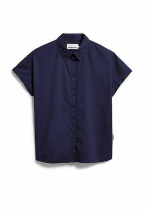 Short-sleeve navy blue button-up shirt with pointed collar, made of smooth fabric, displayed flat on a white background.