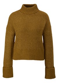 Strickpullover in senfgelb mit hohem Stehkragen, lockerer Passform und gerippten Ärmelbündchen. Strukturiertes Material mit einem groben Muster.