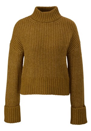 Pull en maille jaune moutarde avec un col montant haut, coupe ample et poignets côtelés. Tissu texturé avec un motif épais.