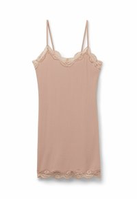 Camiseta sin mangas de color rosa pálido con tirantes finos, que presenta una tela acanalada texturizada y un delicado encaje alrededor del escote y el dobladillo.