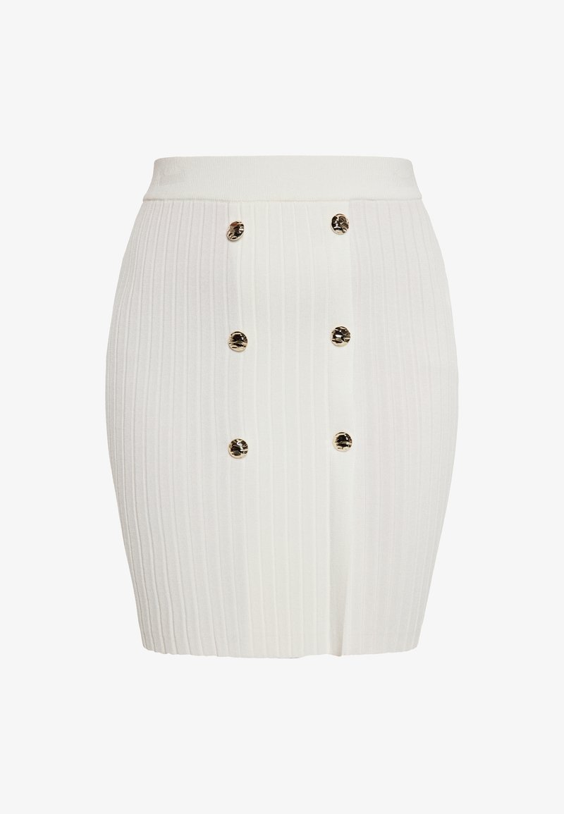 Fustă tricotată albă cu nervuri, având o formă ajustată, talie înaltă și șase nasturi aurii în față pentru accente și detalii.