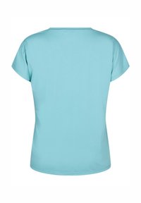 Vaaleansininen lyhythihainen t-paita, jossa on pyöreä kaula-aukko, valmistettu sileästä kankaasta. Paita on yksinkertainen eikä siinä ole näkyviä kuvioita tai yksityiskohtia.