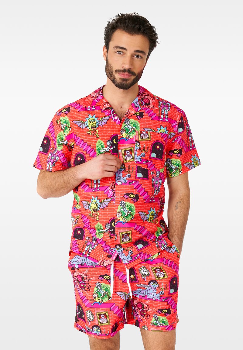Short-sleeve, bright pink beach set featuring cartoon graphics of monsters and stairs; made of lightweight fabric with a drawstring waist.