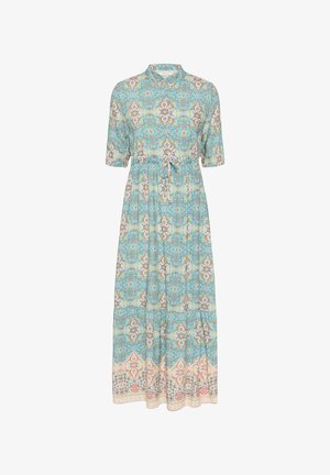 Világoskék midi ruha virág- és geometriai mintával, rövid ujjakkal, gallérral, övvel a deréknál, valamint rakott szoknya szegéllyel.