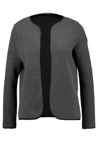 Cardigan grigio strutturato con un pannello frontale nero uniforme, silhouette aperta, maniche lunghe e senza chiusure. Presenta un motivo intrecciato.
