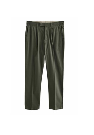 Olive green straight-leg trousers with side pockets, button closure, belt loops, and elastic waistband panels.
